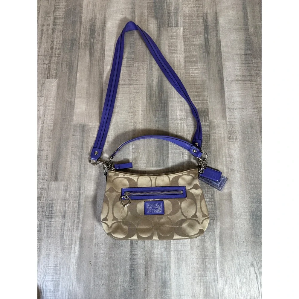 Coach Signature Poppy Metallic Gold Purple Crossbody Bag F20044 Heart Zip